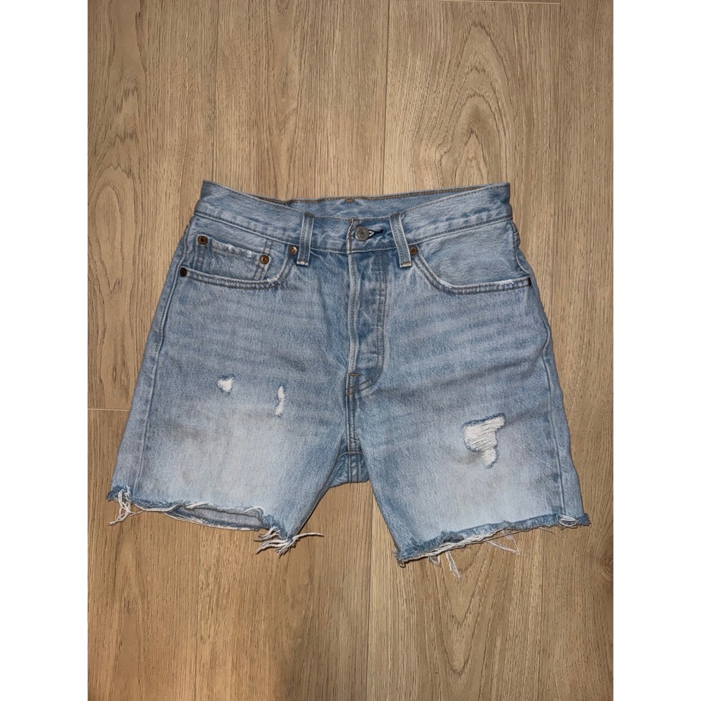 Levis Premium 501 Original High Rise Distressed Denim Shorts